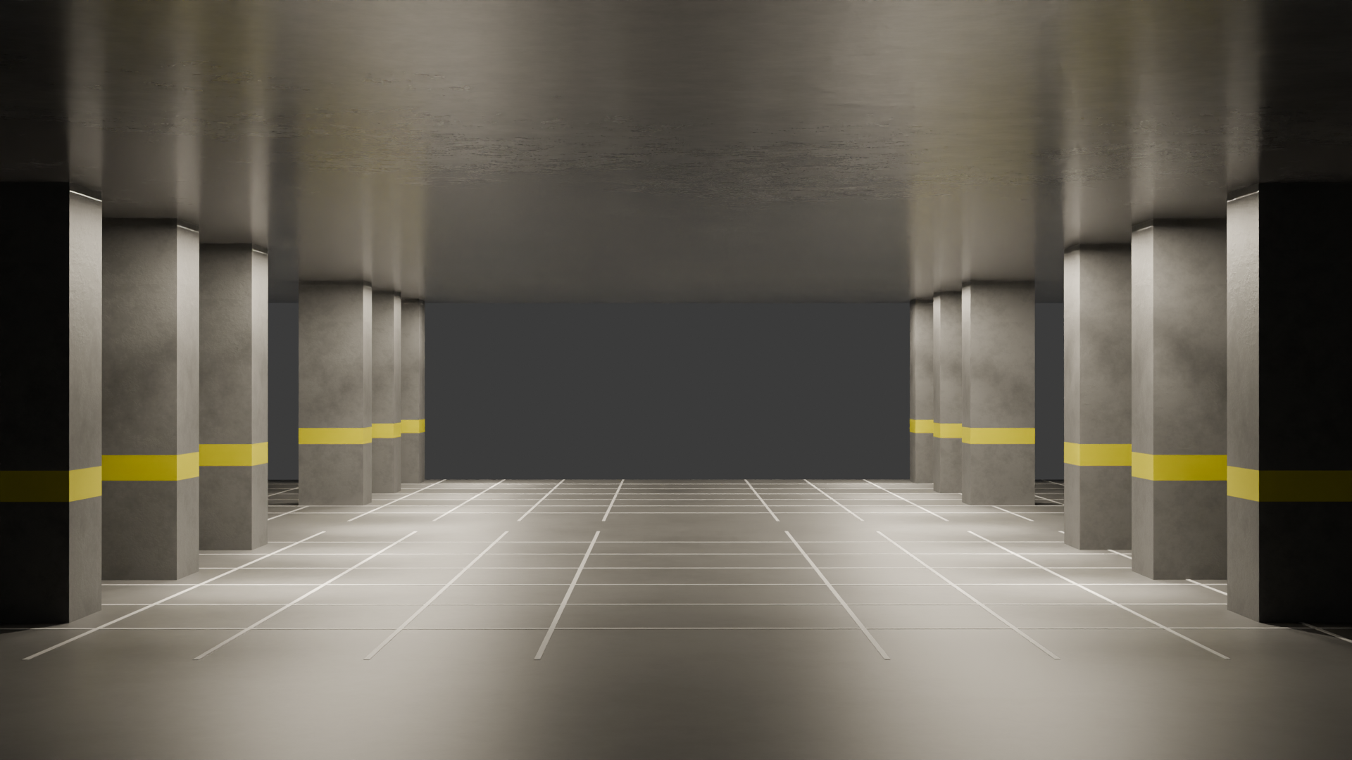 Long empty parking aisle repeating into the distance