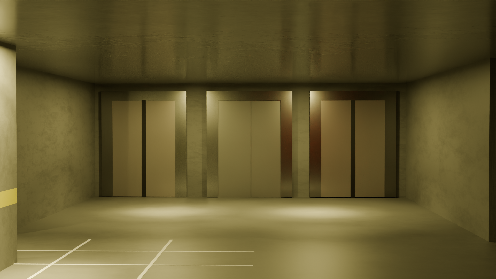 Passenger elevator with open center doors and darkness beyond the cab