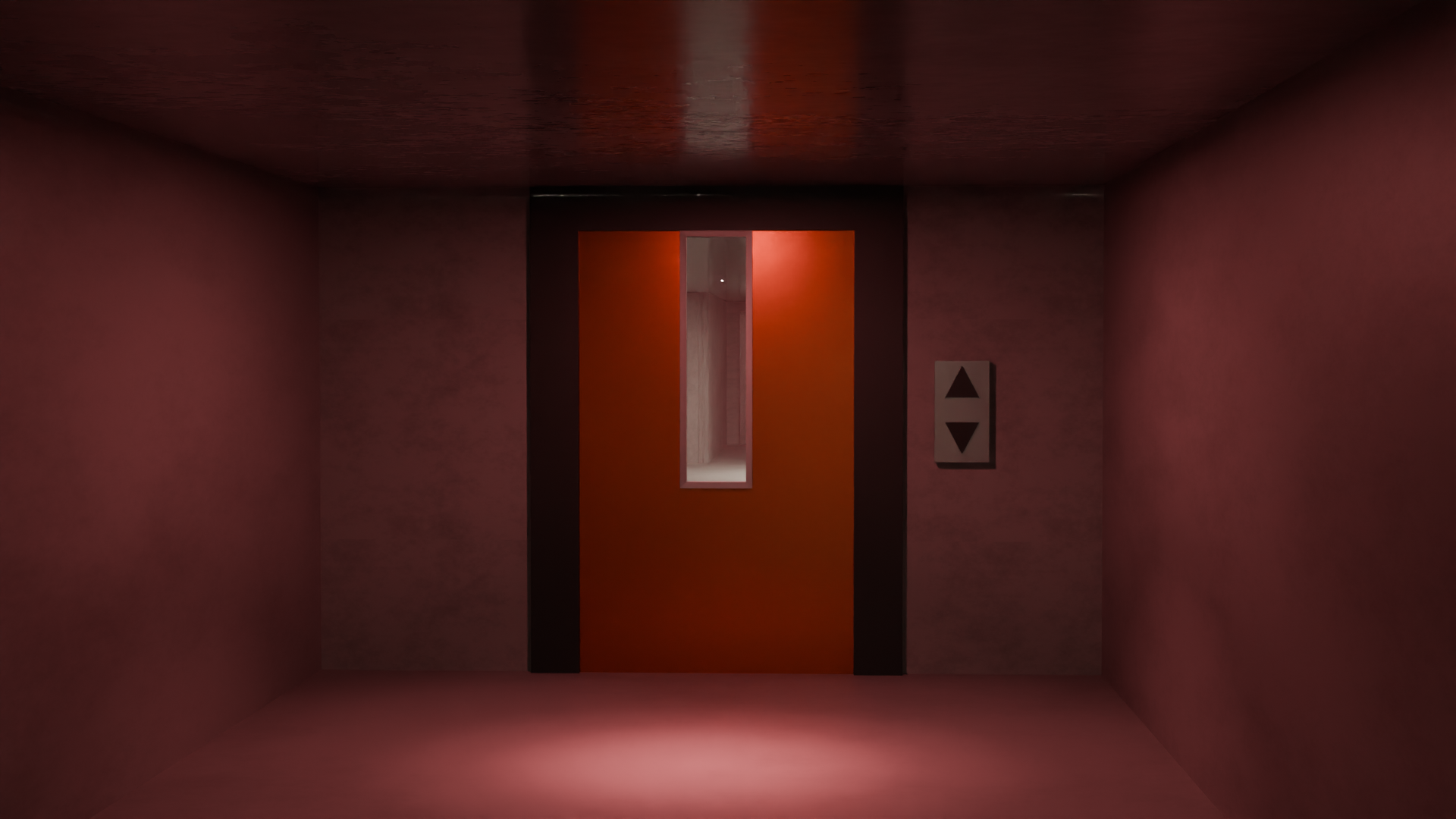 Older amber-lit parking level with a worn service-elevator cage gate
