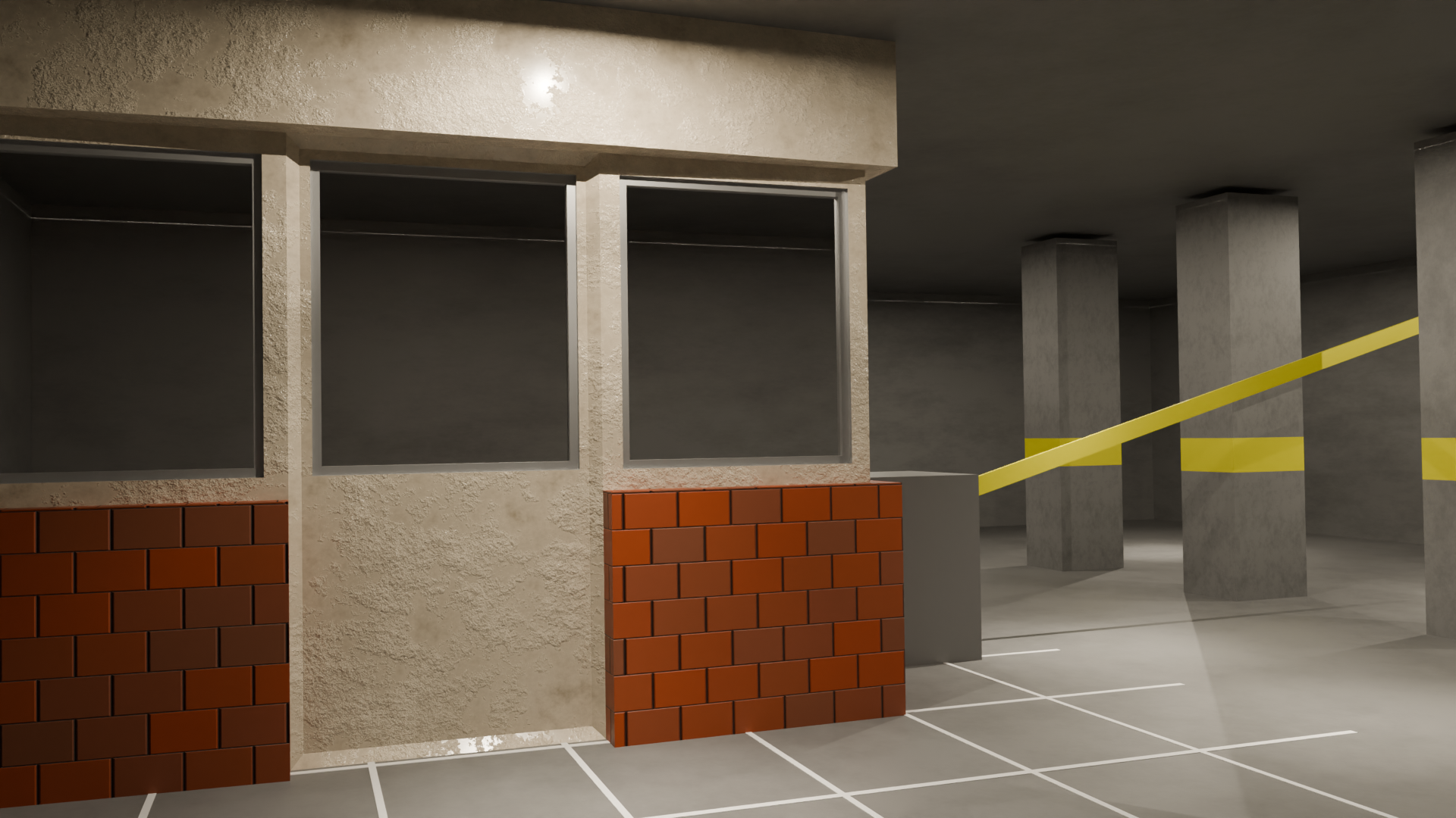 Neglected modern parking level with an inactive security booth
