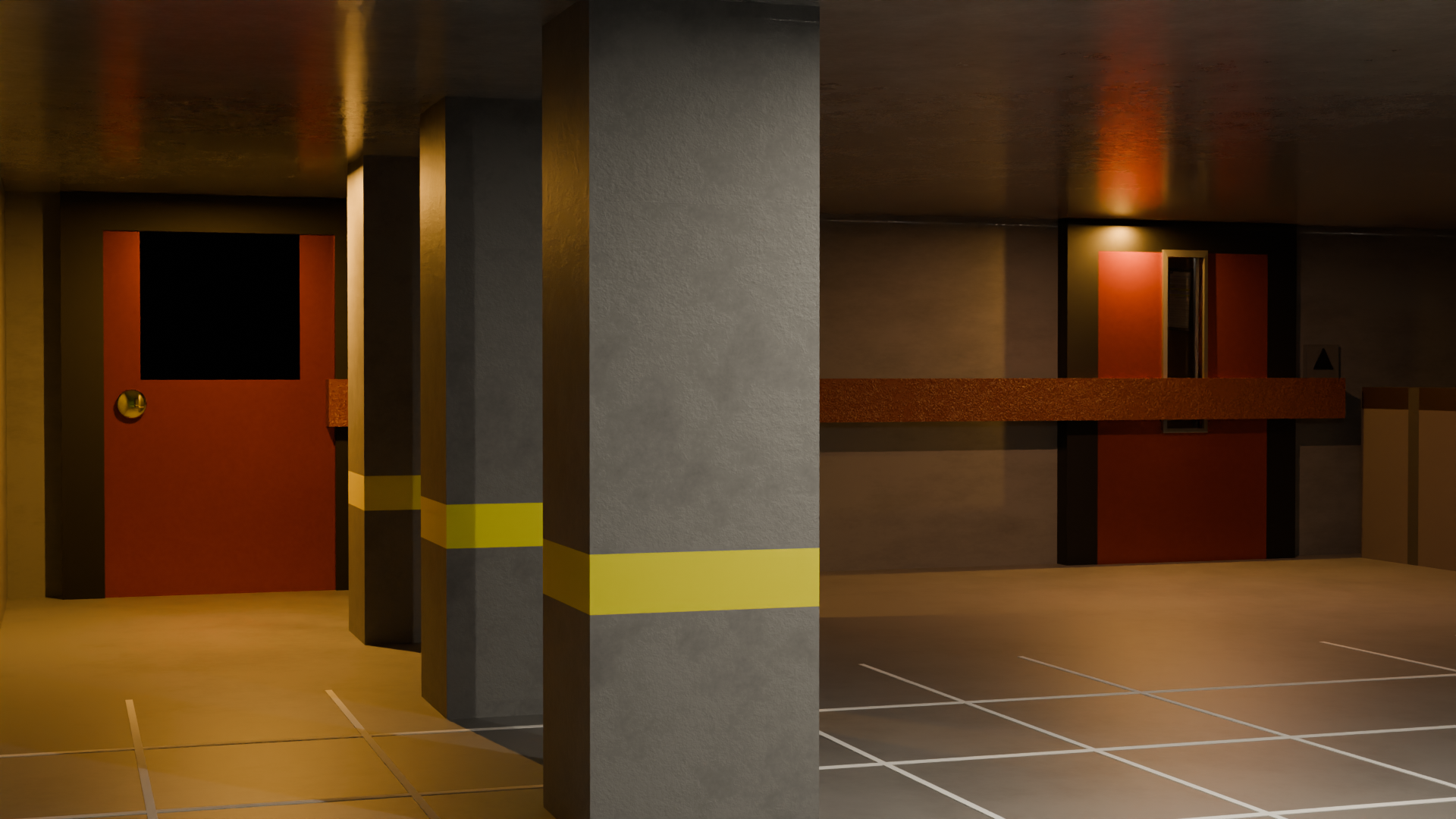 Dim parking garage maintenance area with panels pipes and hydraulic equipment