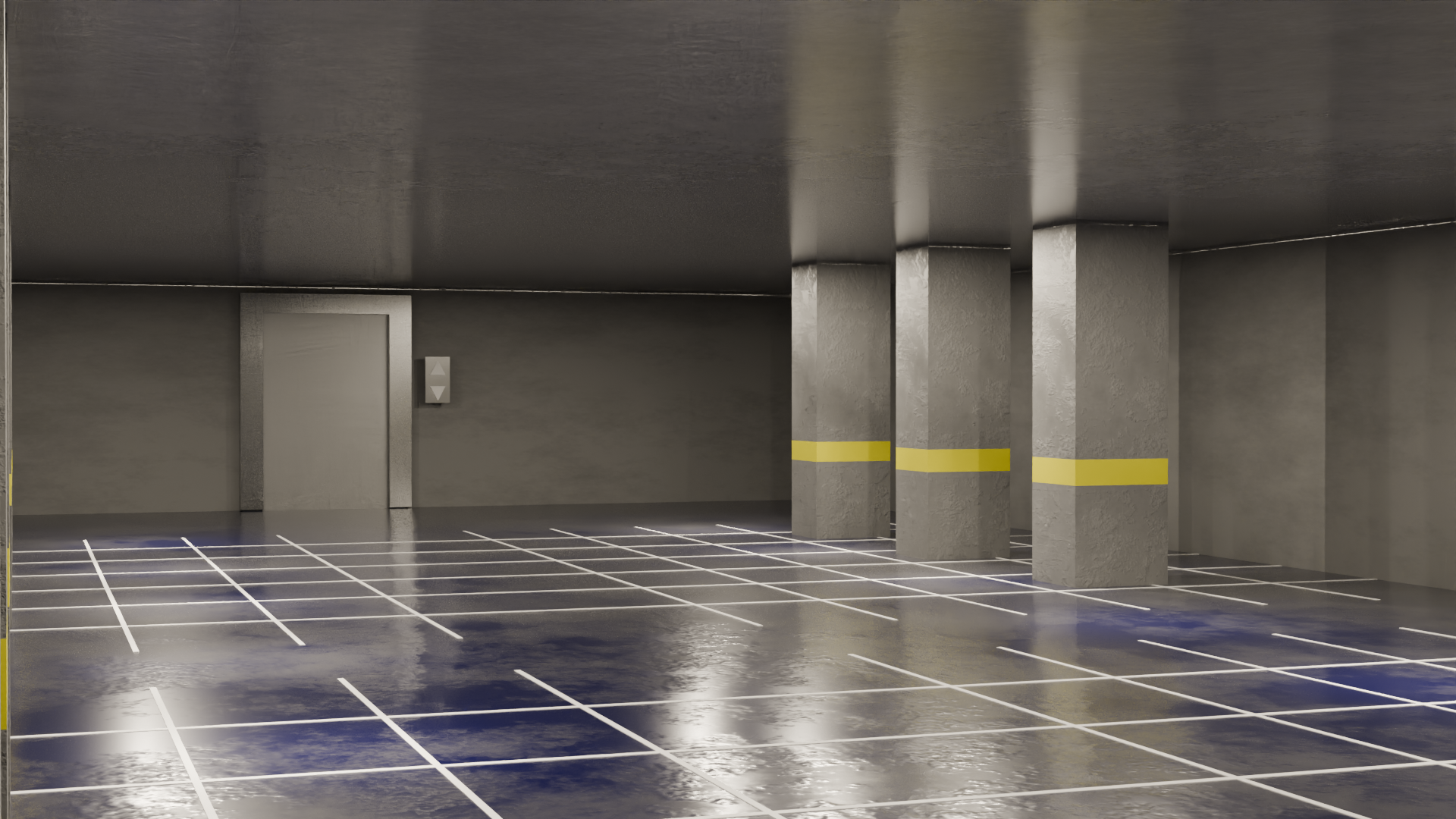 Parking garage floor with damp concrete and scattered puddles