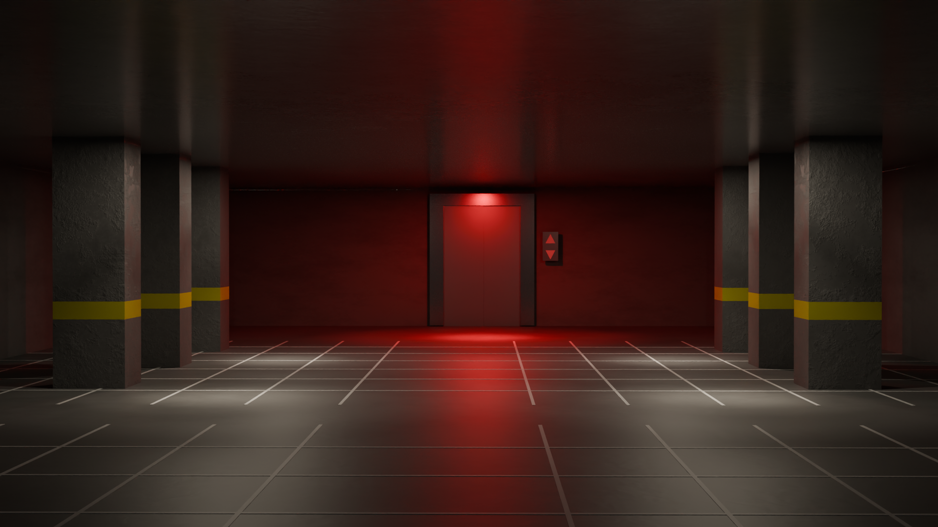 Dark parking aisle ending at a red emergency-lit elevator landing