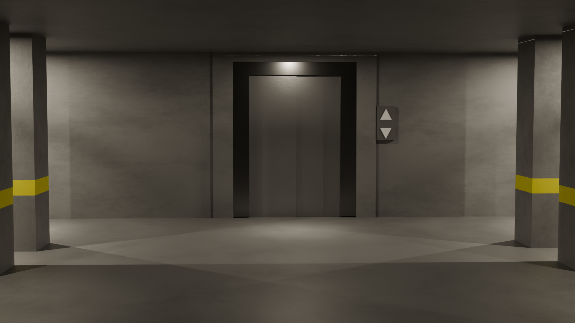 Open elevator doors showing a car stopped above the landing floor