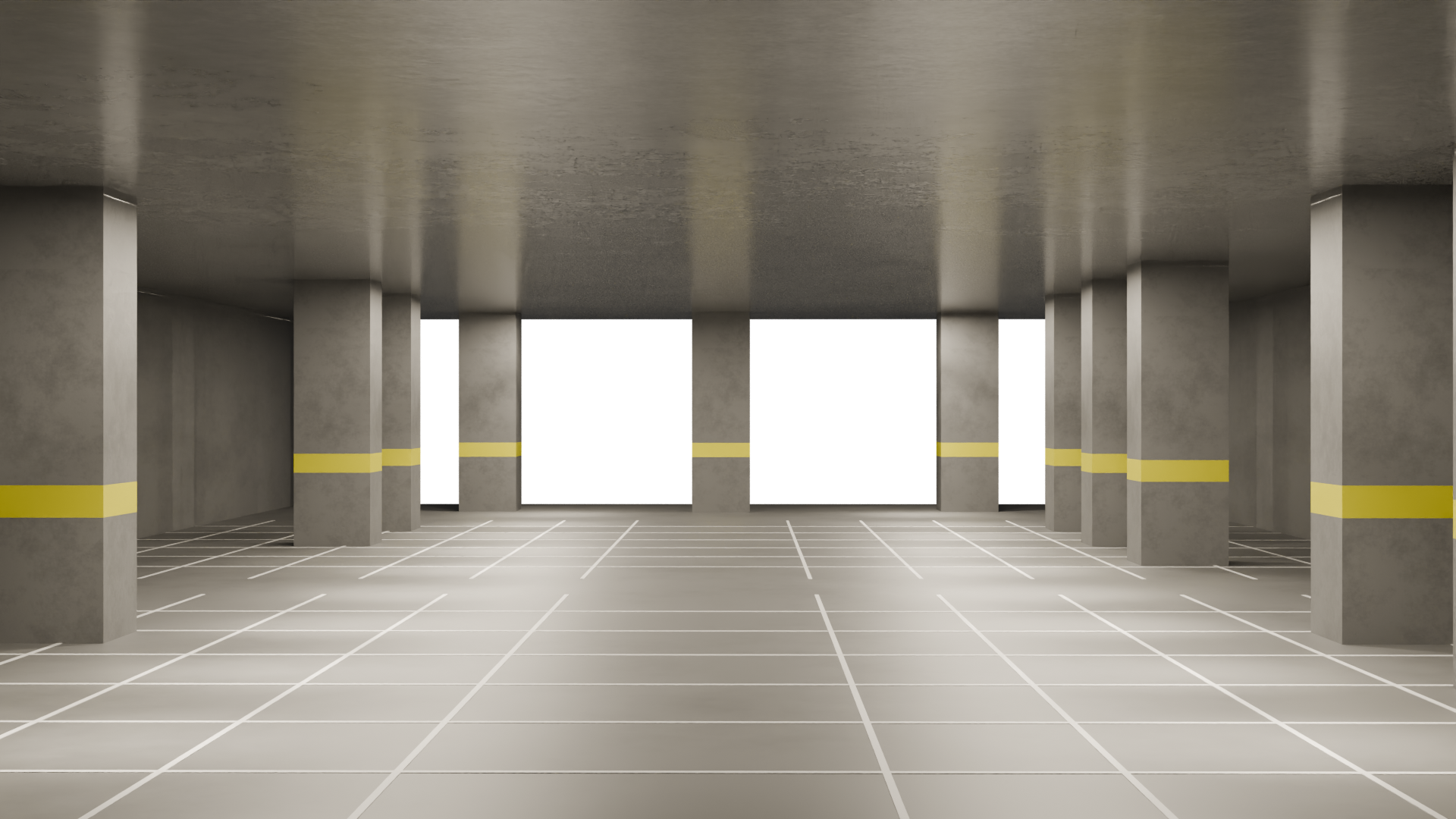 Bright apparent exit opening into another parking aisle