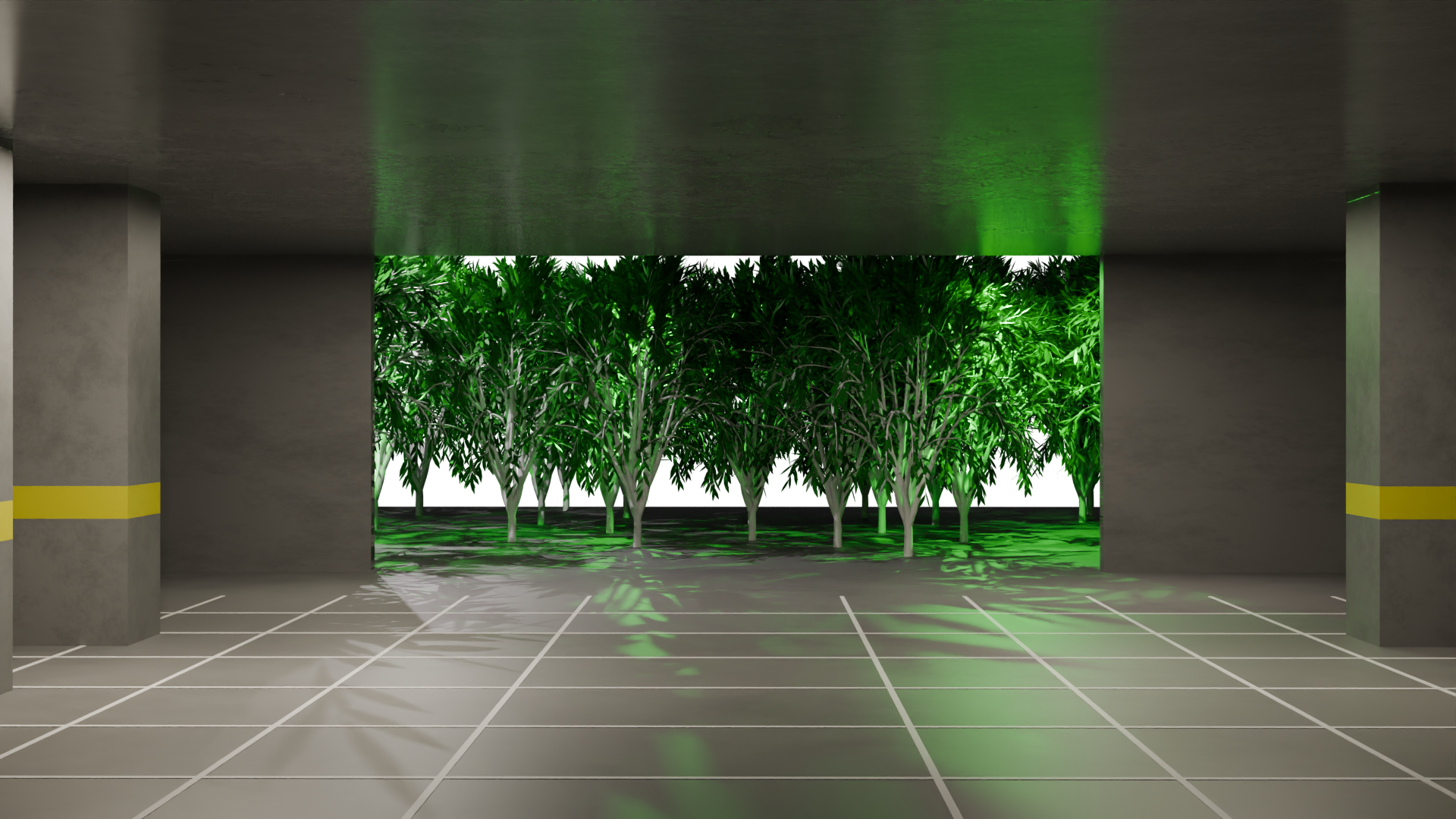 Dark exterior forest visible through an opening at the end of a parking aisle