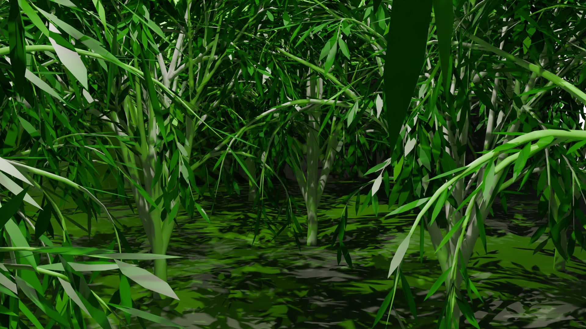 Rain-darkened exterior service road with puddles and pine forest