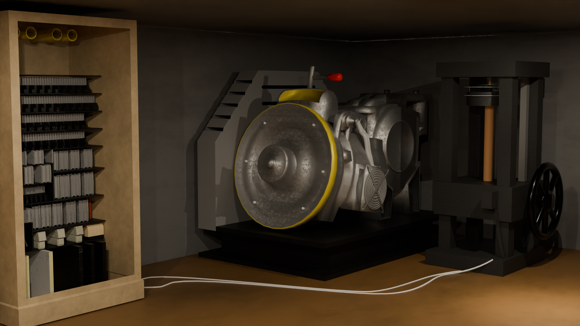 Elevator traction machine room with motor sheave cabinets and hoist ropes