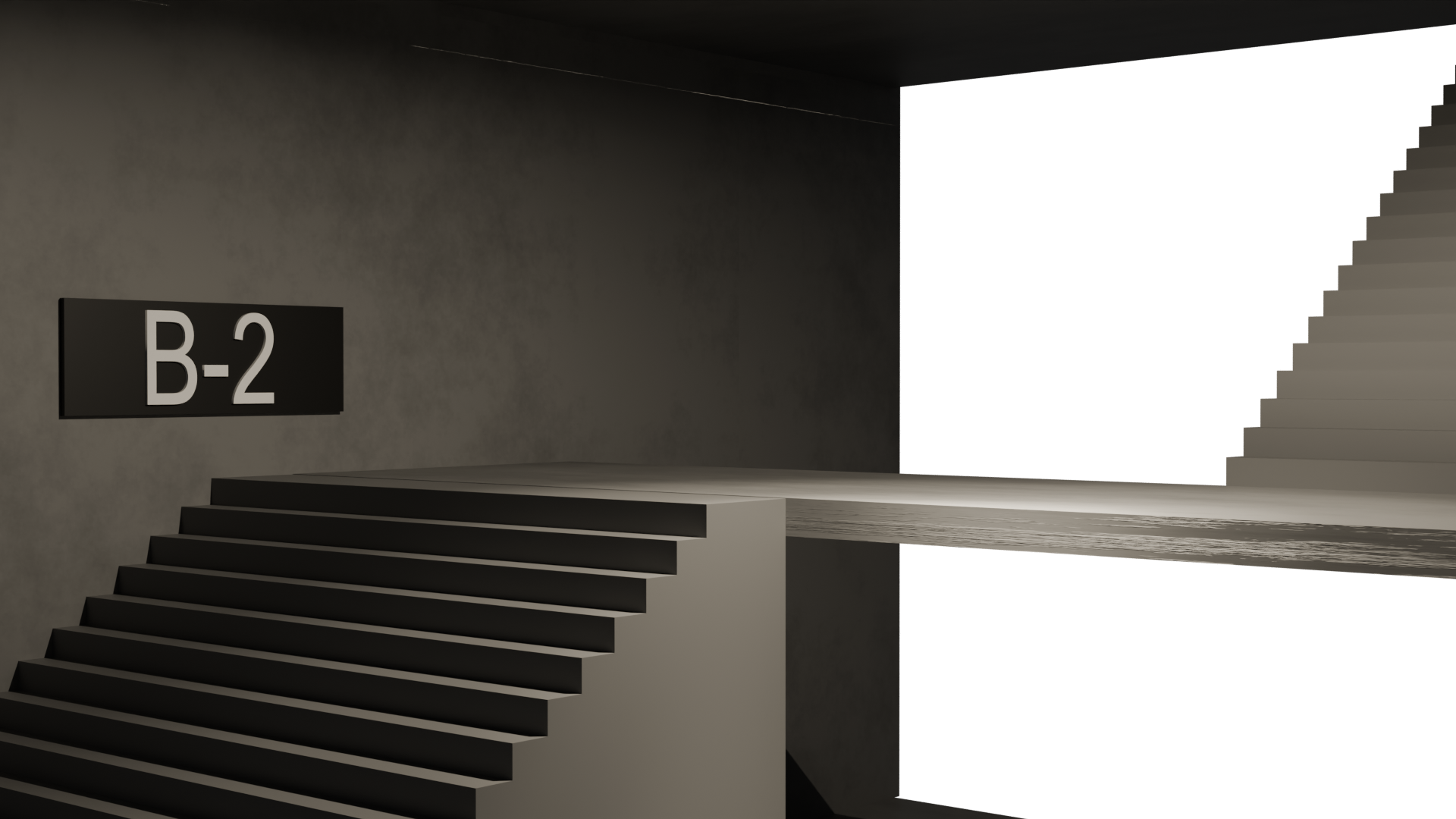 Concrete parking-garage stairwell with repeated B2 labels