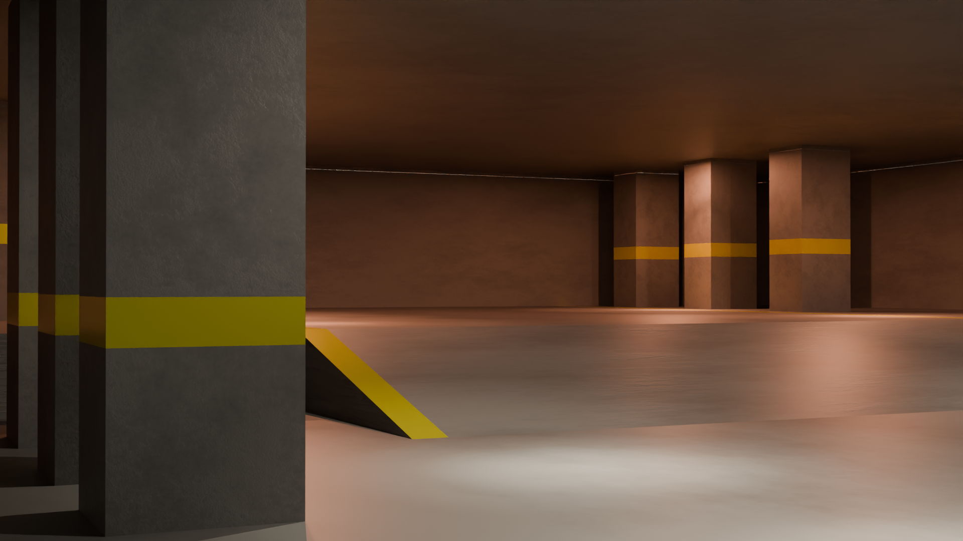 Parking ramp between cold and amber-lit structural layers