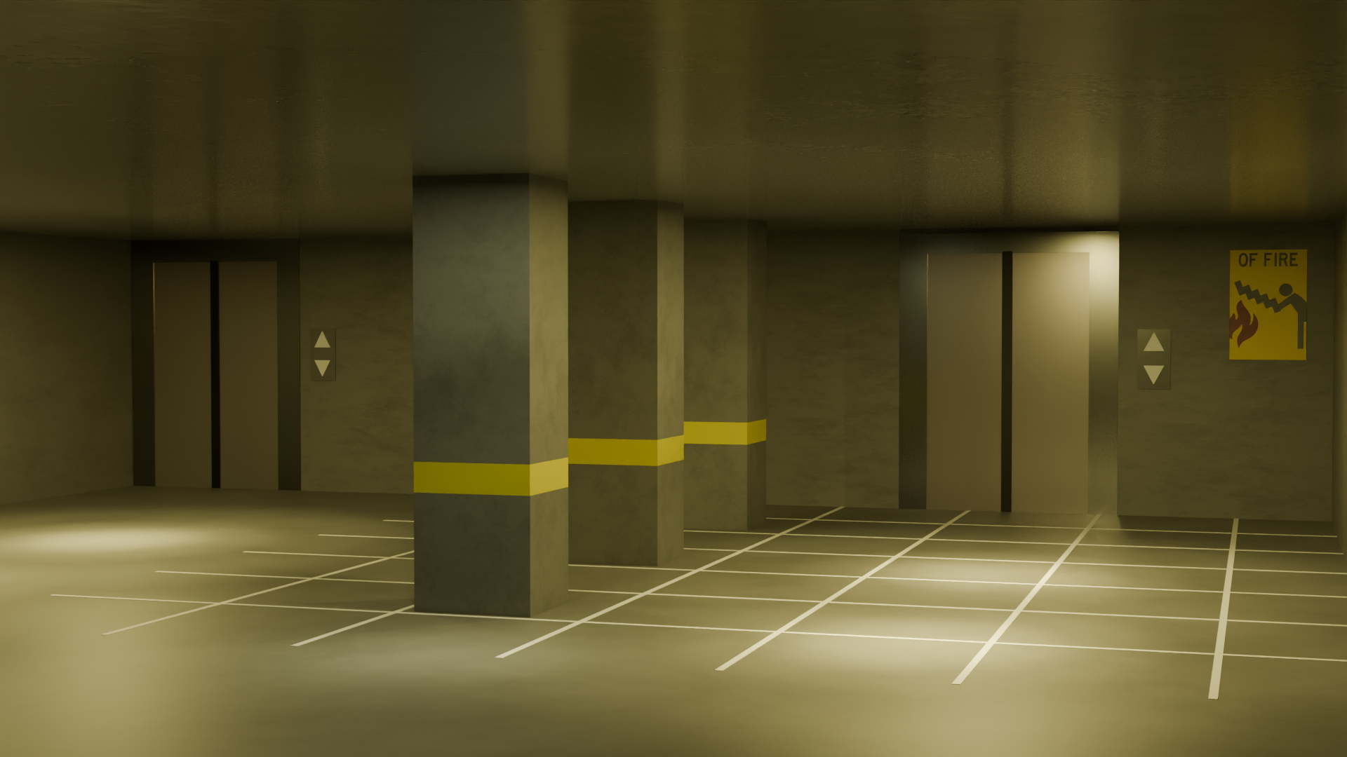 Cold-lit concrete parking garage with yellow-banded pillars and elevator doors